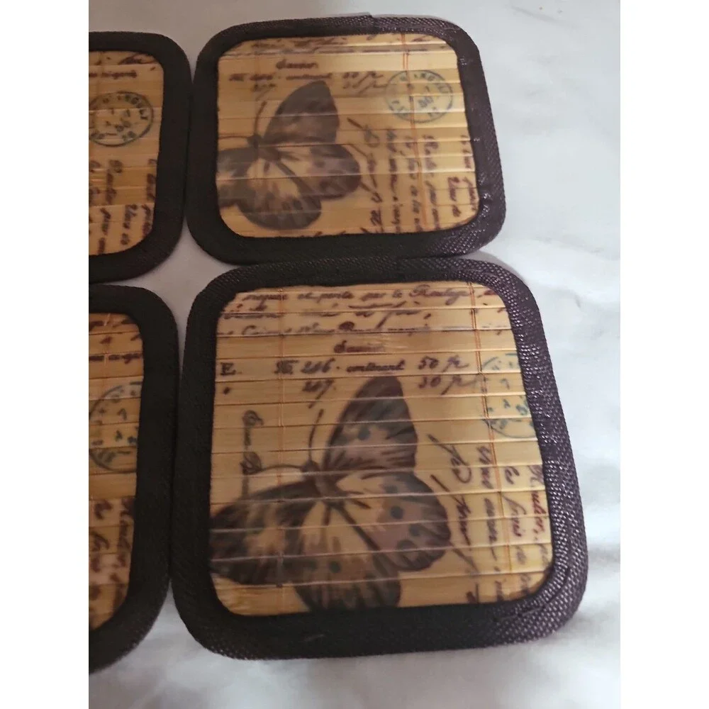 Vintage Style Bamboo Butterfly Coaster Set of 6 Brown Fabric Trim 4.5 Inch